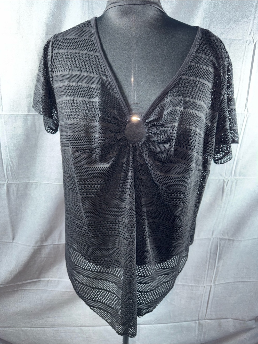2669-Avenue Black Openwork Knit Tunic with Back Ring Detail